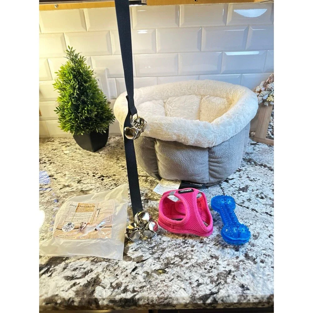Dog, Cat Bed, Harness, Teething bone, Bells for door, bundle.